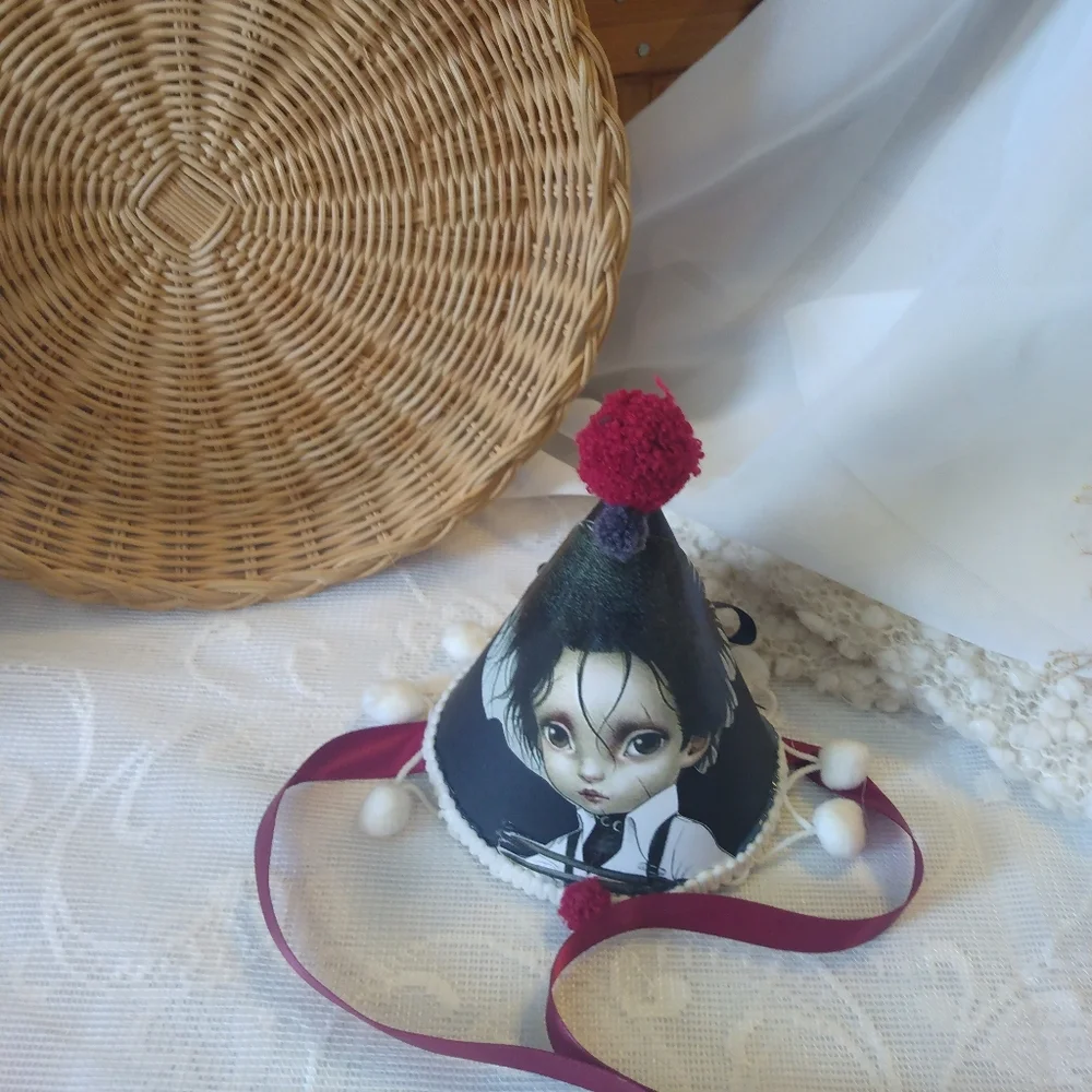 Unique Character Print Party Hat with Pom Poms